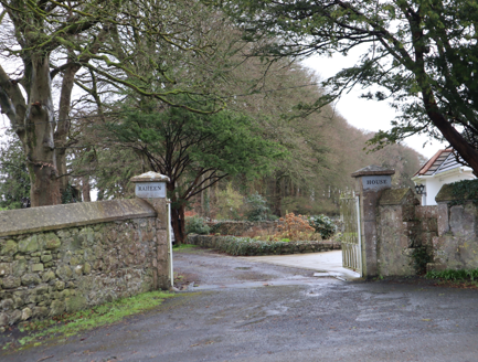 3:Gate and stile, c.1880, from east, with gate lodge, c.1880, and beech avenue